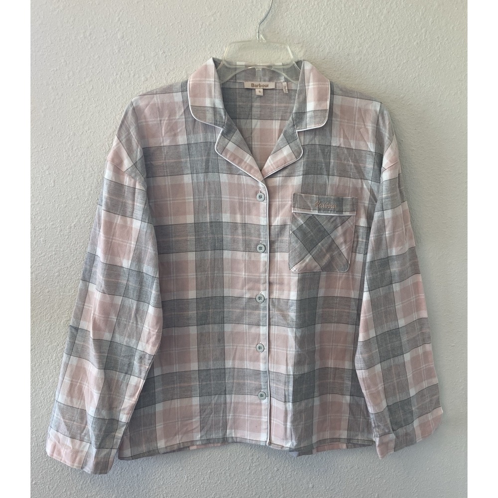 Barbour Ellery Pajama Top Women's S Pink Gray Plaid Collared Button Preppy